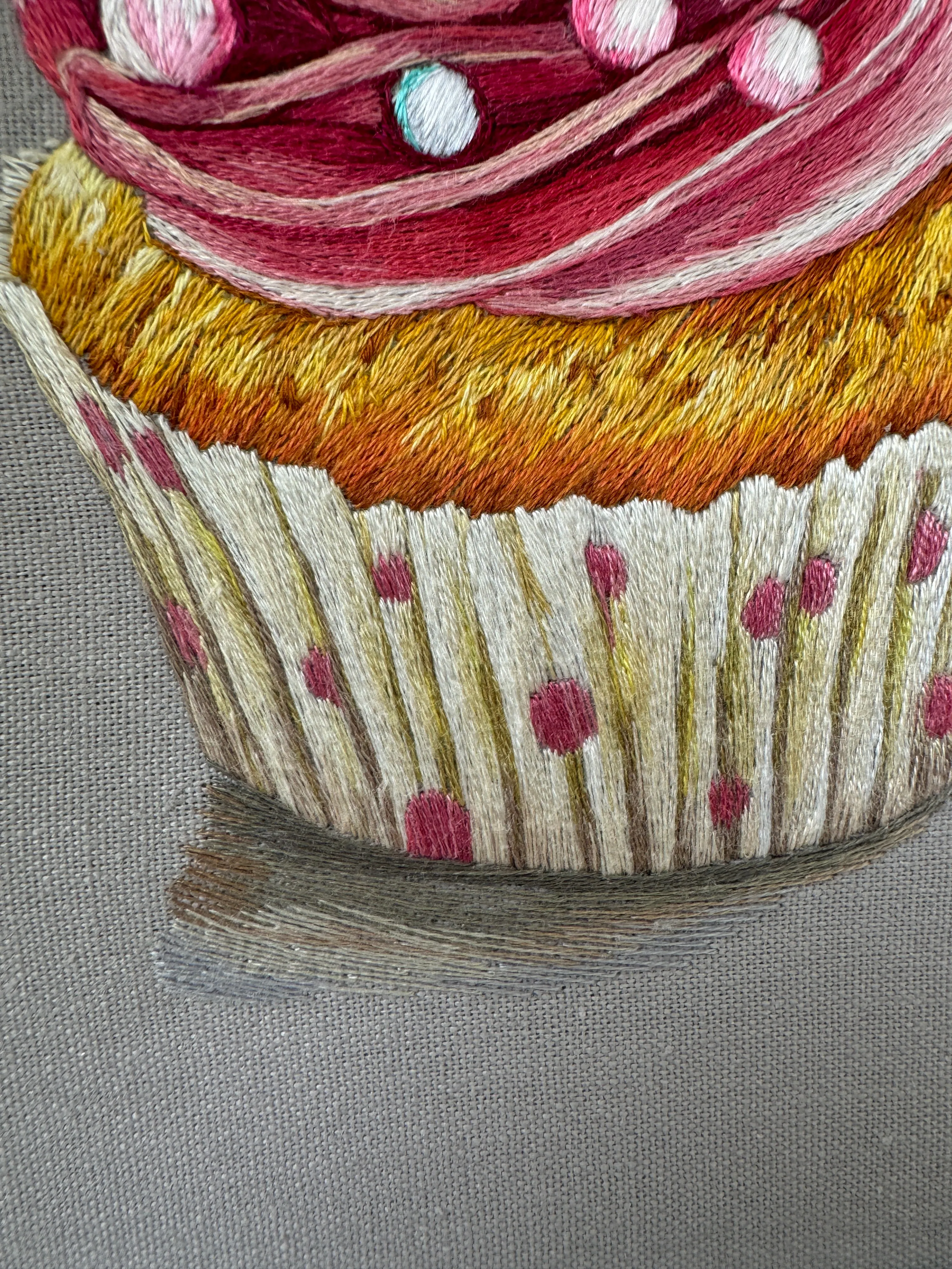 Original Thread Painting - Set of 3 Cupcakes 8” (Framed)