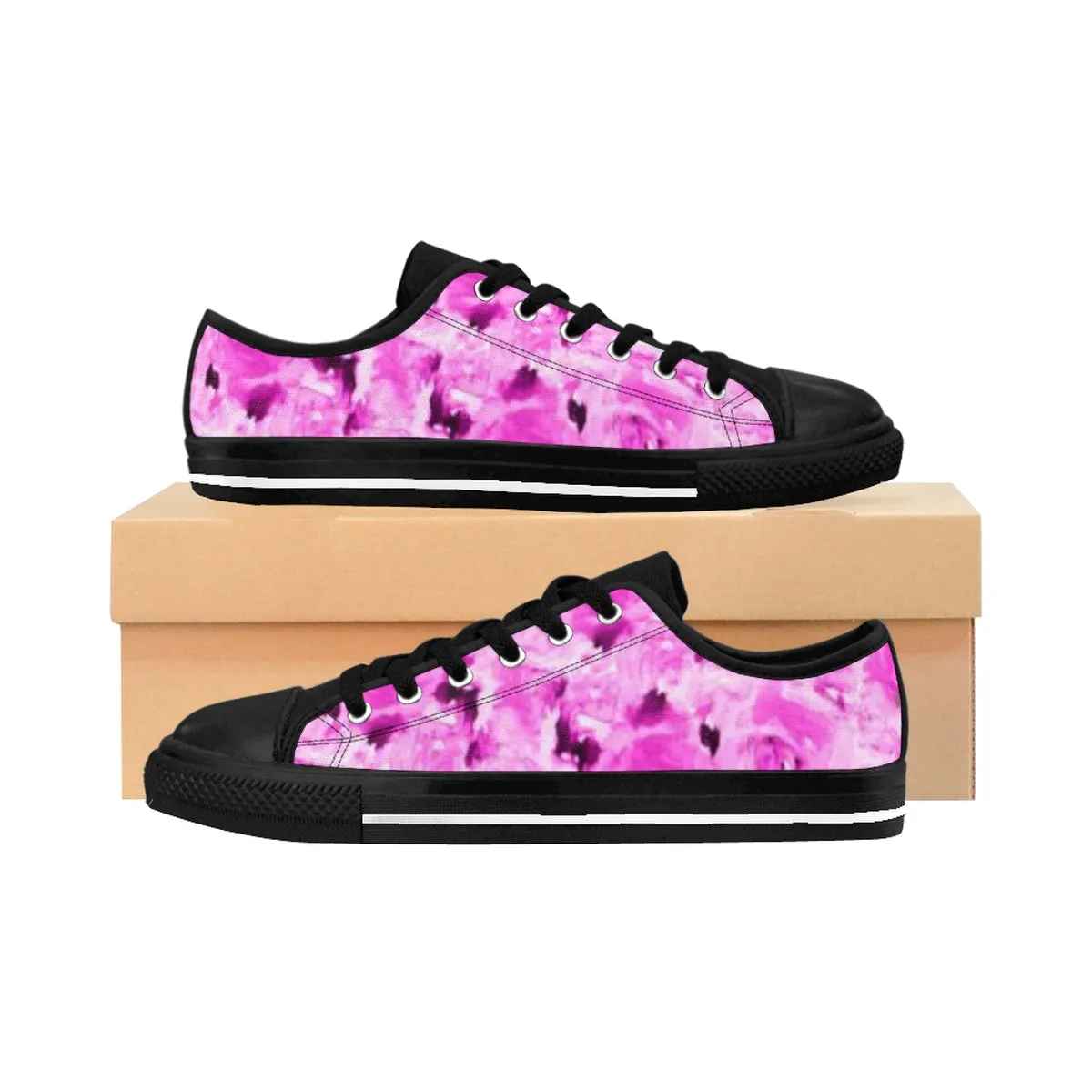 Pink Rose Floral Sneakers, Flower Print Designer Low Top Women's Tennis Shoes (US Size 6-12)