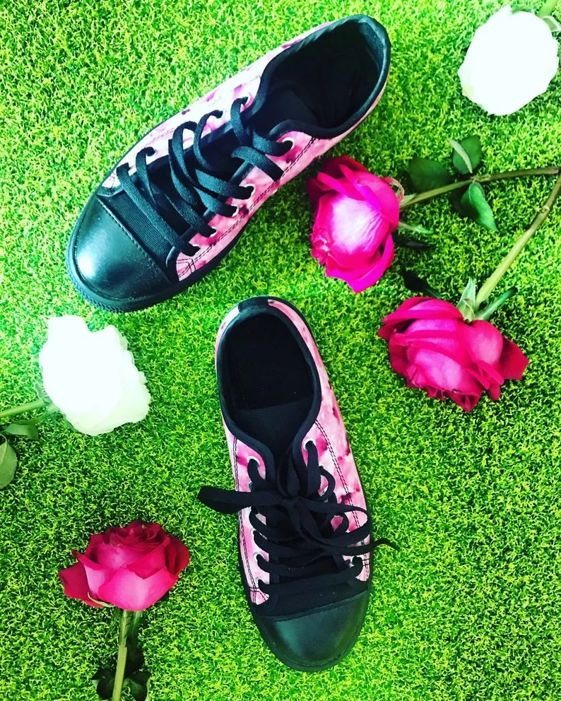 Pink Rose Floral Sneakers, Flower Print Designer Low Top Women's Tennis Shoes (US Size 6-12)