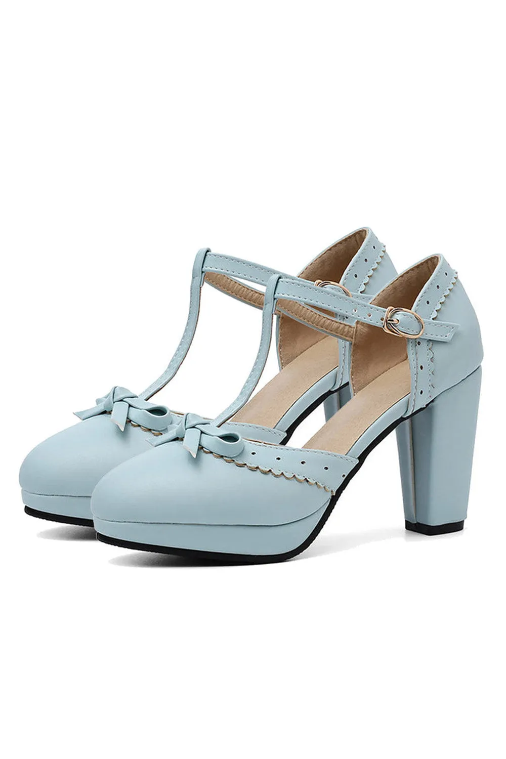 Retro Bow T-Strap High Heels Shoes