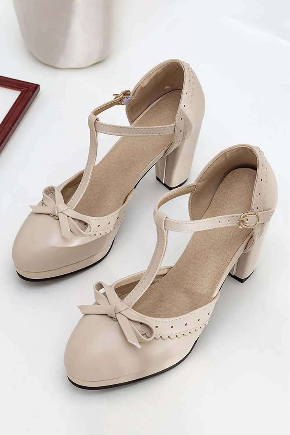 Retro Bow T-Strap High Heels Shoes