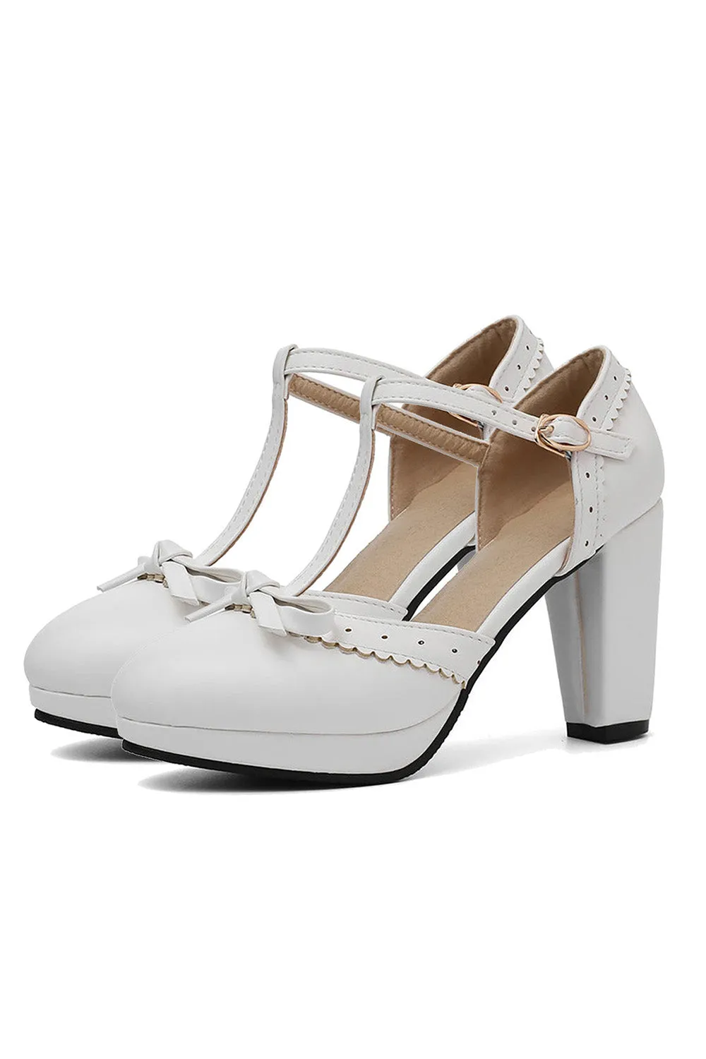 Retro Bow T-Strap High Heels Shoes