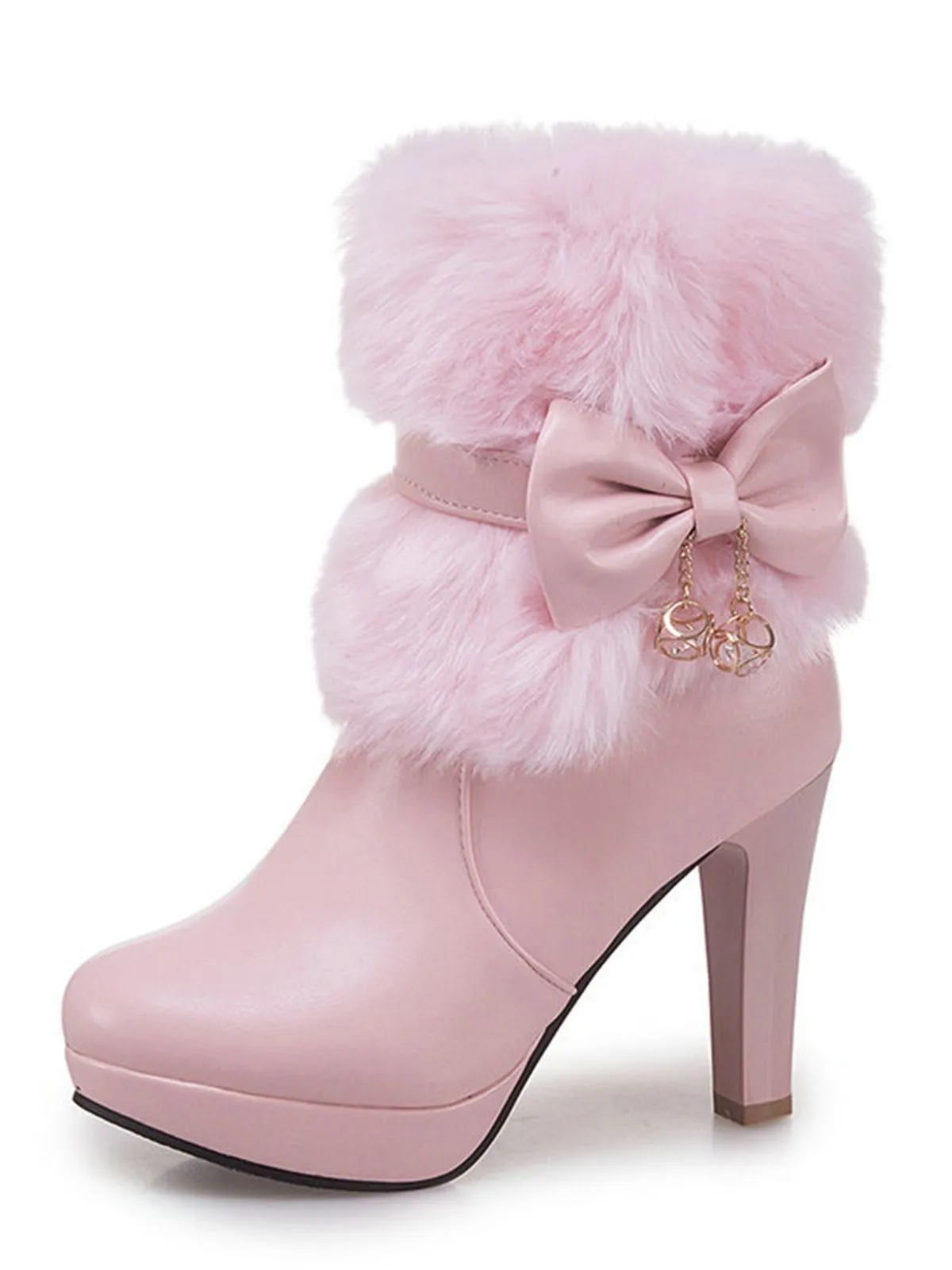 Retro Solid Furry Chunky Heel Short Boots