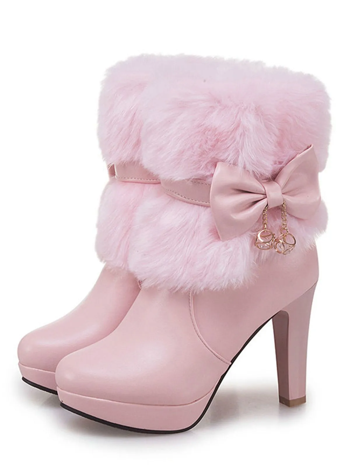 Retro Solid Furry Chunky Heel Short Boots