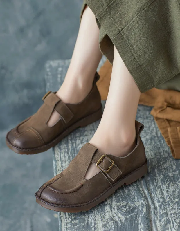 Soft Leather T-strap Handmade Retro Flat Shoes