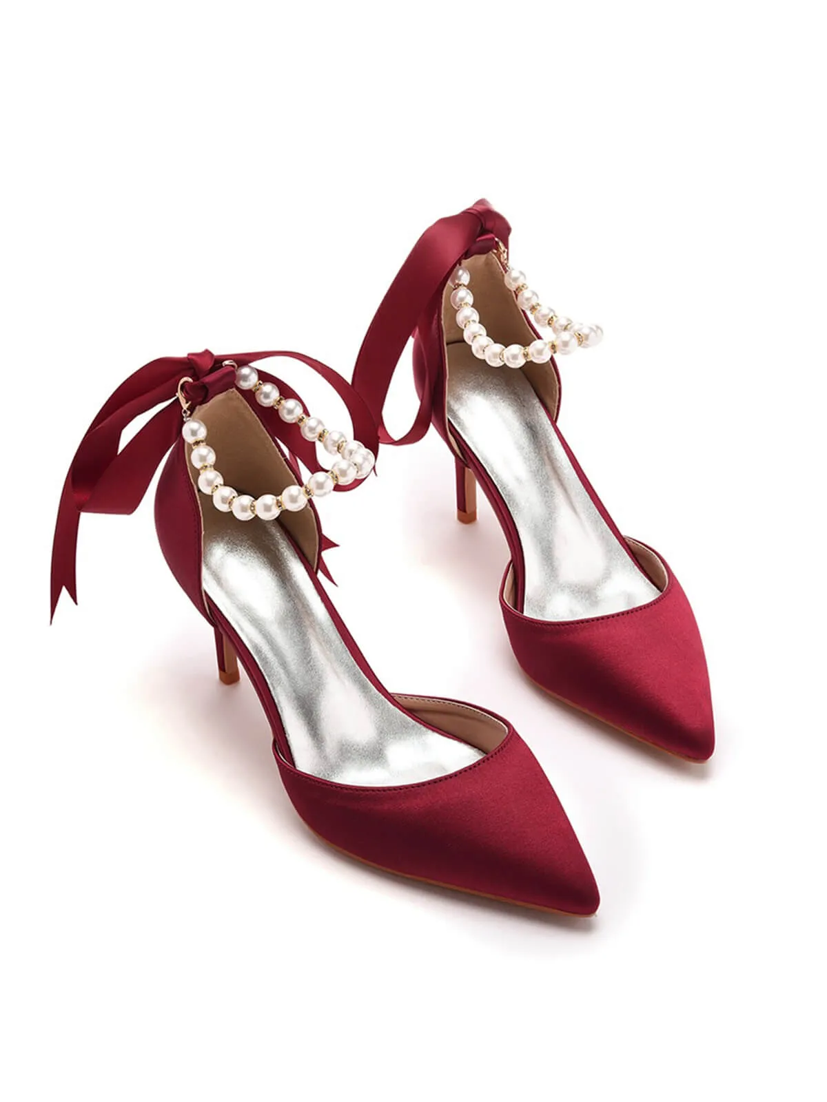 Solid Color Pearl Satin Pointed Toe Heels