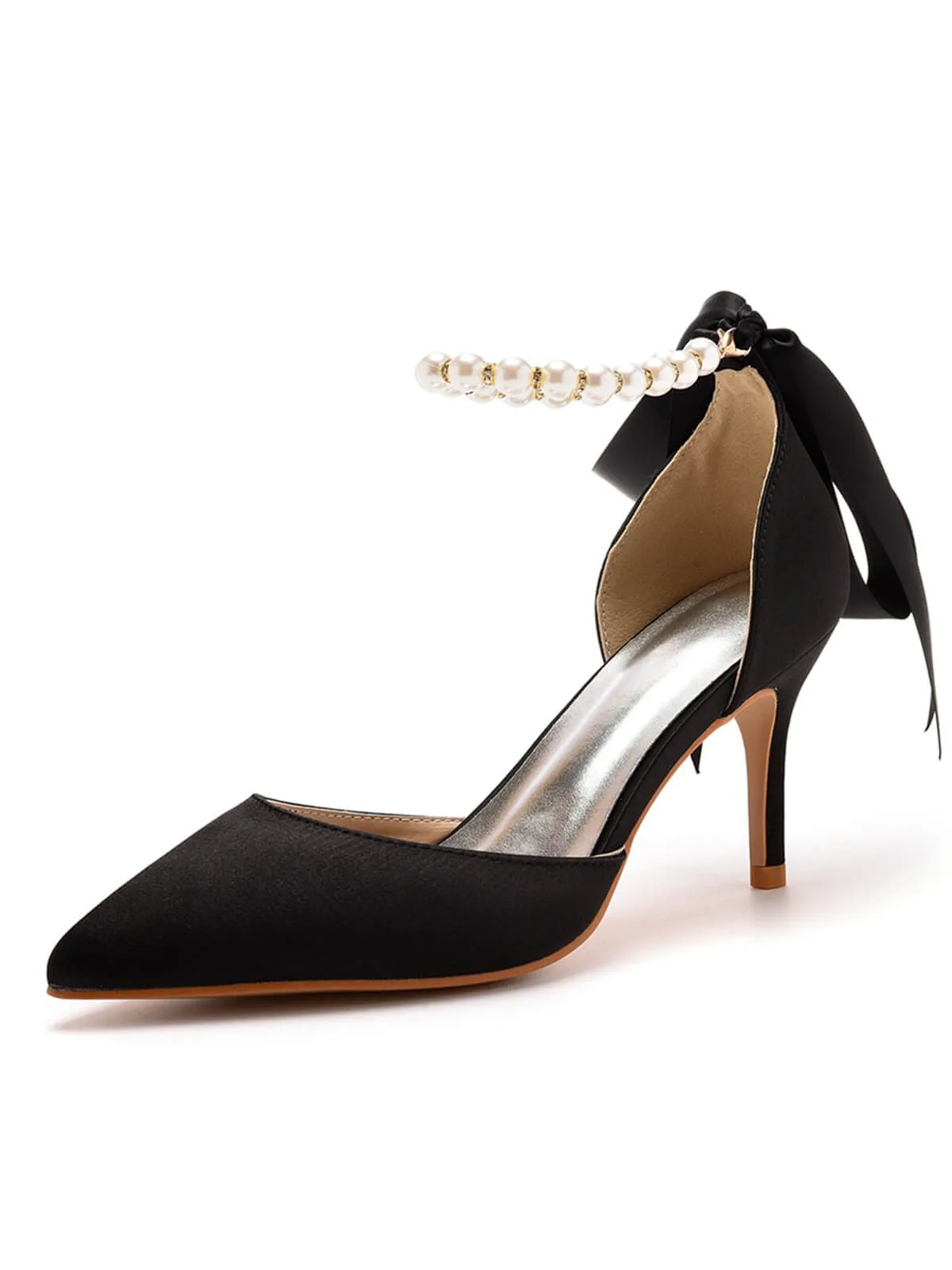 Solid Color Pearl Satin Pointed Toe Heels