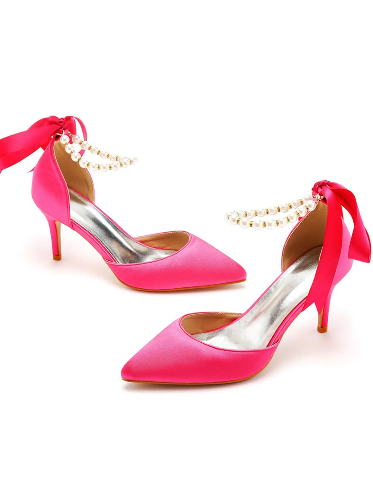 Solid Color Pearl Satin Pointed Toe Heels