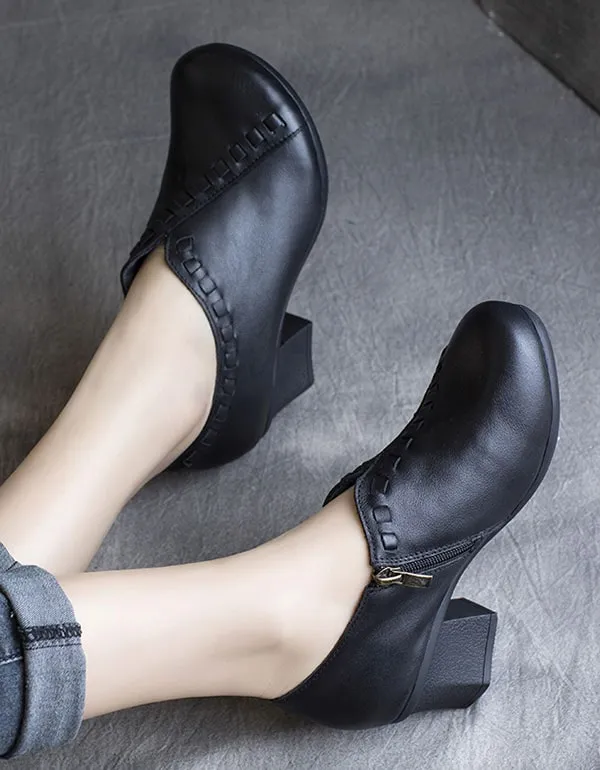 Spring Retro Leather Chunky Heel Shoes