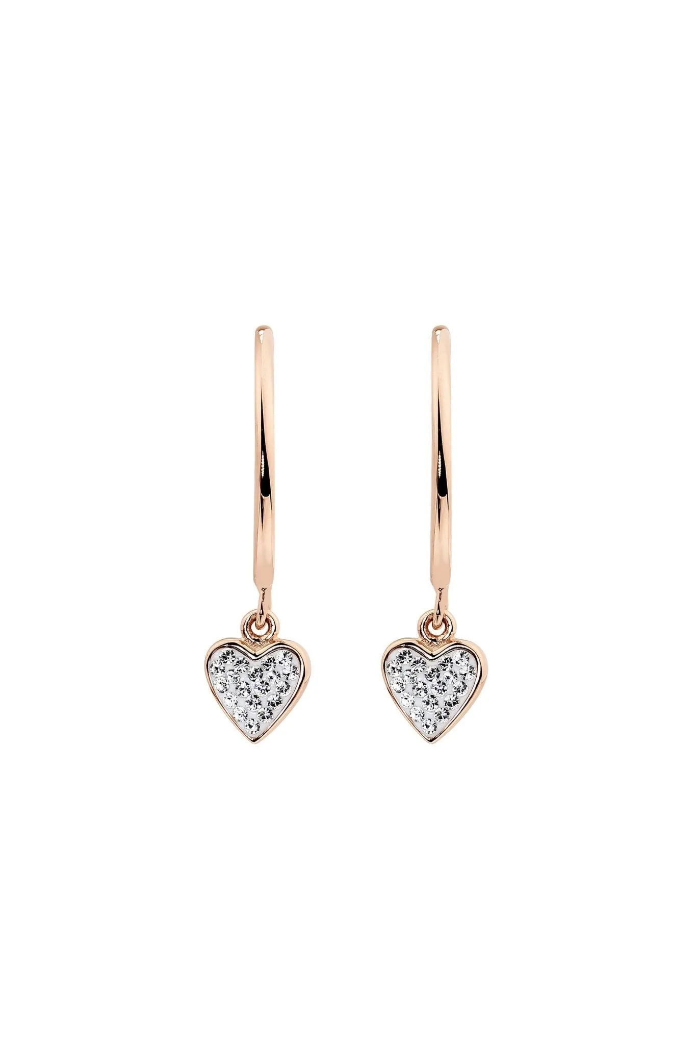 Sterling Silver Rose Gold Crystal Half Hoop Heart Charm Stud Earrings