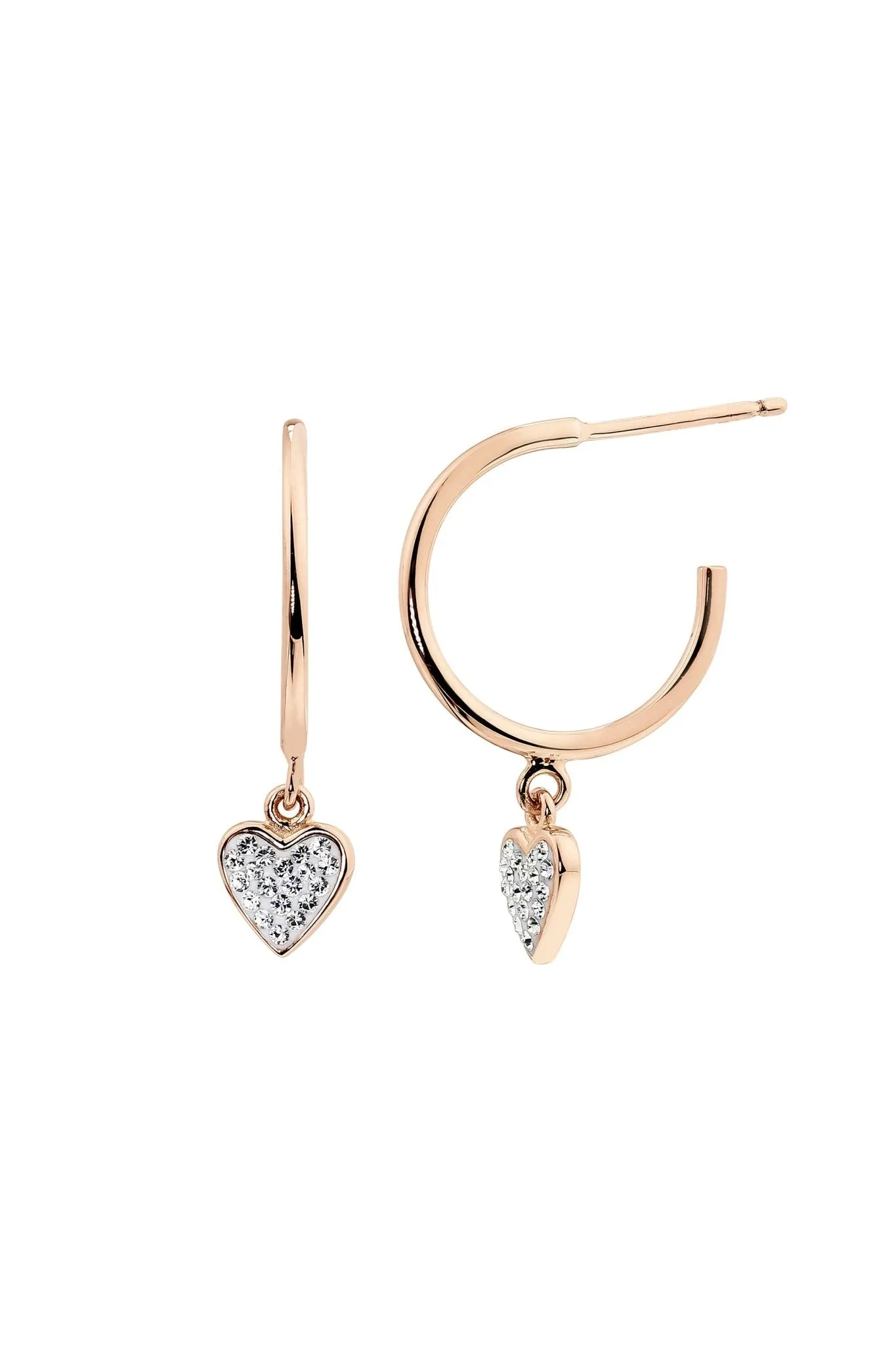 Sterling Silver Rose Gold Crystal Half Hoop Heart Charm Stud Earrings