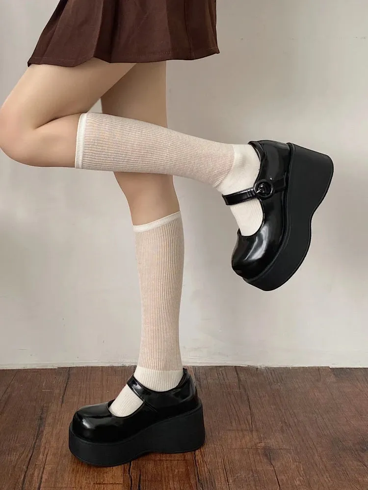 TAVIMART  -   Sweet Goth Style Punk Girls Black Wedge Pu Leather Shoes Women's Japanese Retro Jk Uniform Big Toe Shoes Harajuku Platform