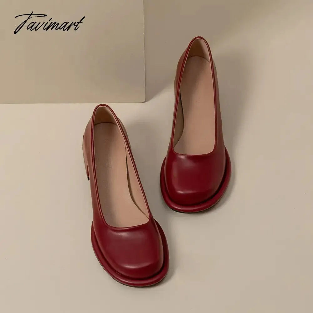 Tavimart Wine-red shoes with thick heels in spring of 2024, new female high-grade round head retro fairy wind Mary Jane wedding shoes.