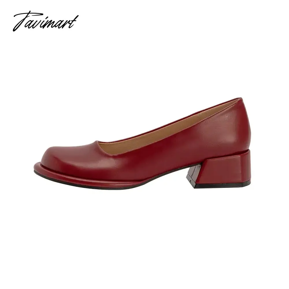 Tavimart Wine-red shoes with thick heels in spring of 2024, new female high-grade round head retro fairy wind Mary Jane wedding shoes.