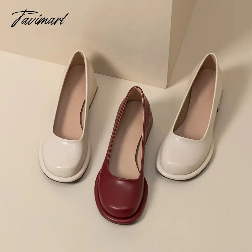 Tavimart Wine-red shoes with thick heels in spring of 2024, new female high-grade round head retro fairy wind Mary Jane wedding shoes.