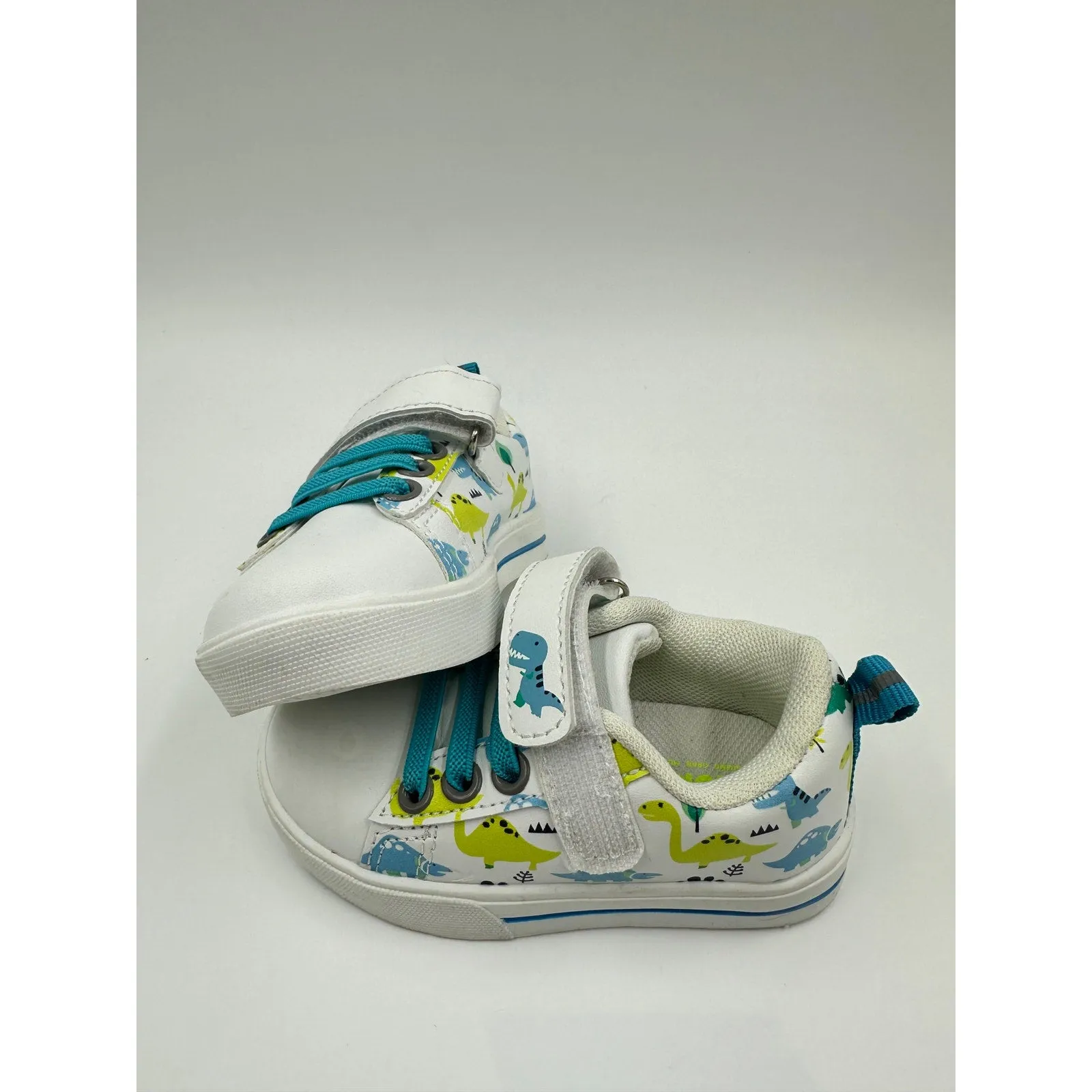 Toddler Size 6, White Casual Sneakers, with Blue Laces and Dino Print