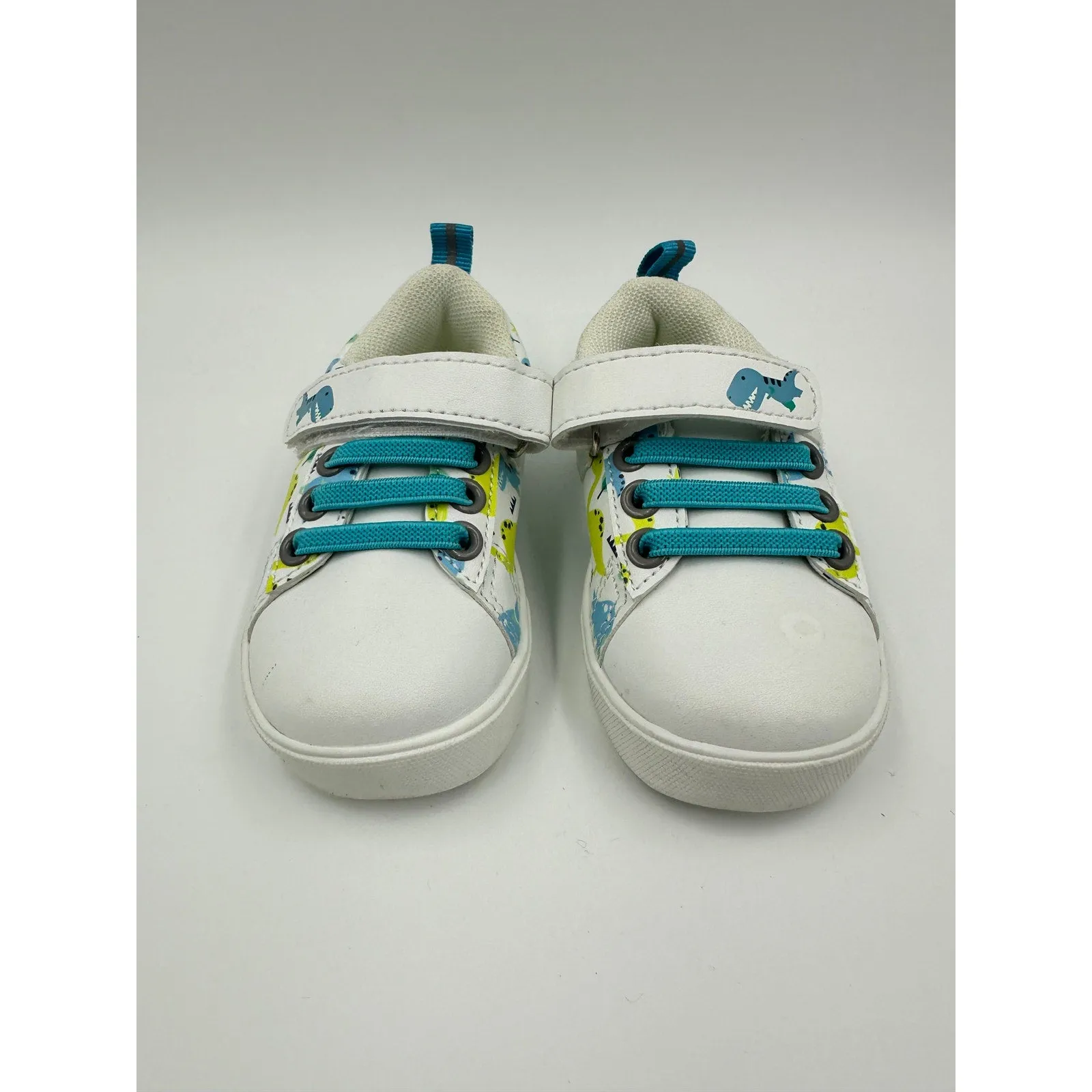 Toddler Size 6, White Casual Sneakers, with Blue Laces and Dino Print