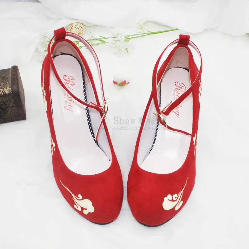 Uniwim Retro style hanfu skirt with a single buckle with high-heeled suede red shoes for women  kawaii shoes cosplay loli women shoes