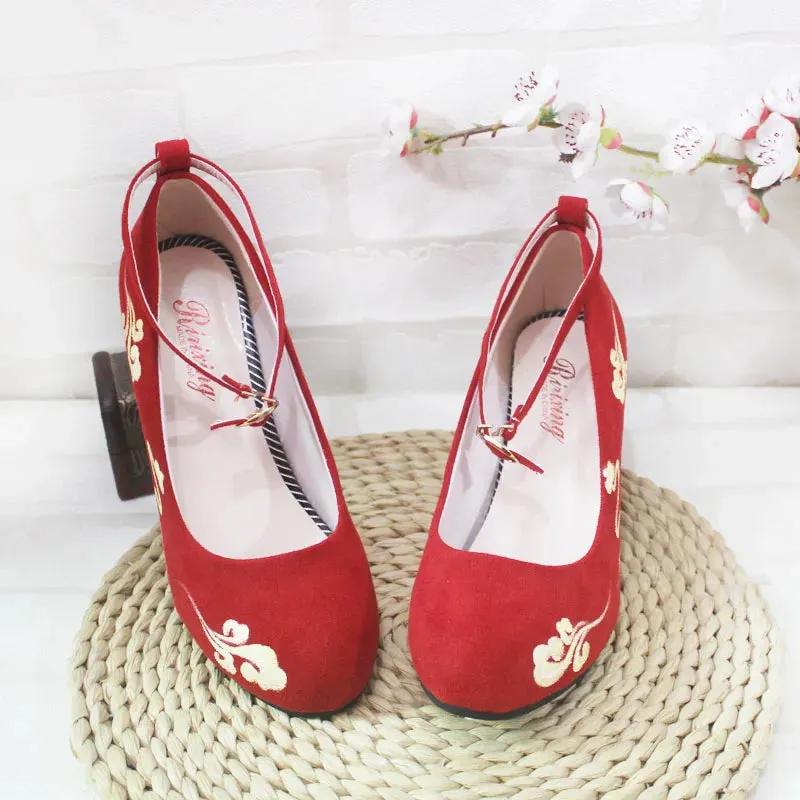 Uniwim Retro style hanfu skirt with a single buckle with high-heeled suede red shoes for women  kawaii shoes cosplay loli women shoes