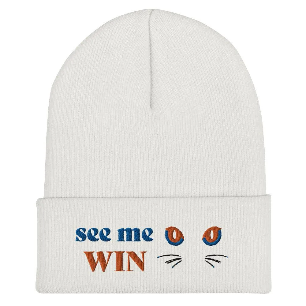 White Cuffed Beanie See Me Win Embroidery