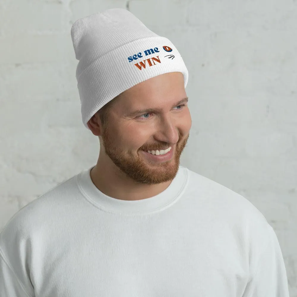 White Cuffed Beanie See Me Win Embroidery