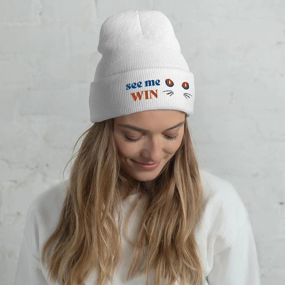 White Cuffed Beanie See Me Win Embroidery