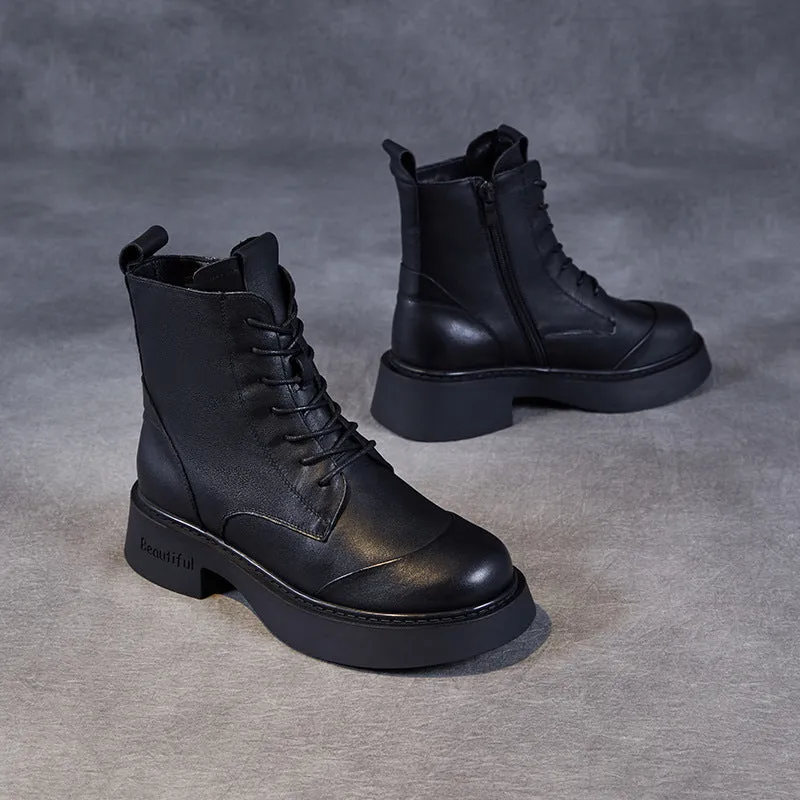 Women Classic Solid Leather Low Block Boots