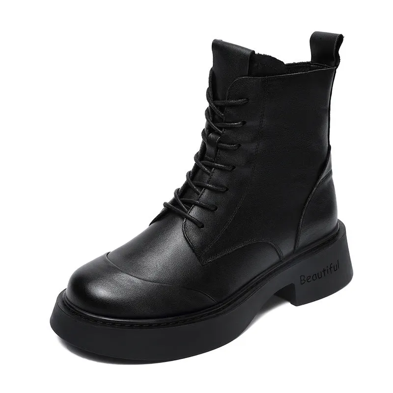 Women Classic Solid Leather Low Block Boots