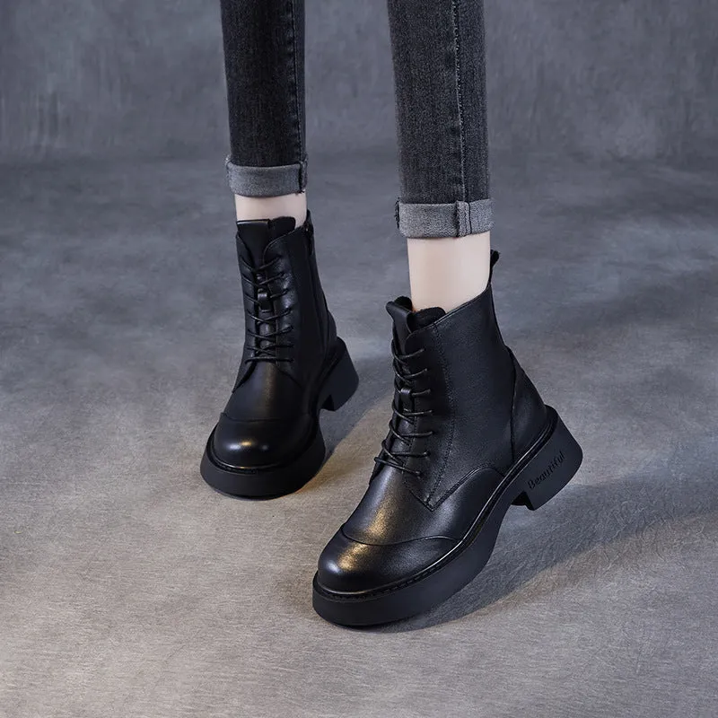 Women Classic Solid Leather Low Block Boots