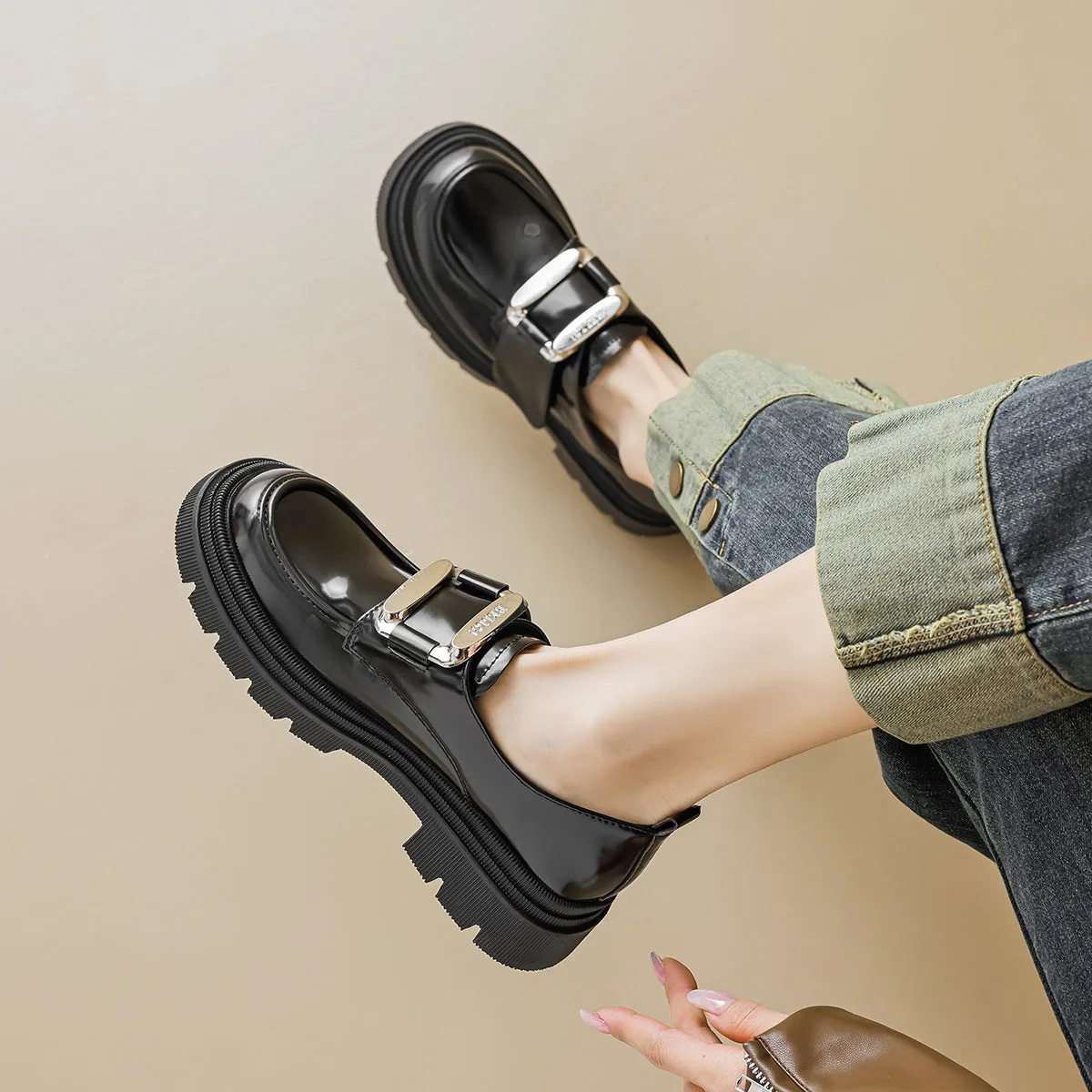 Women Fashion Glossy Velcro Tape Platform Loafers