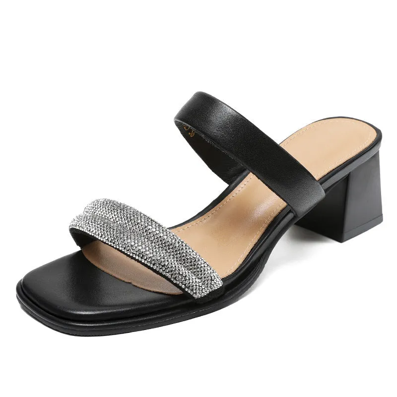 Women Fashion Leather Crystal Chunky Heel Slides Sandals