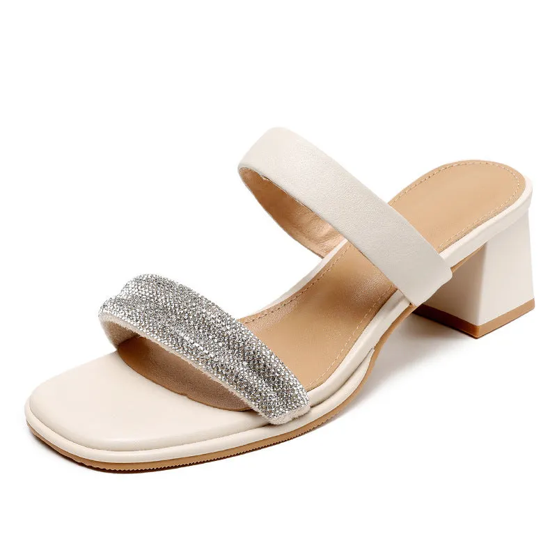 Women Fashion Leather Crystal Chunky Heel Slides Sandals