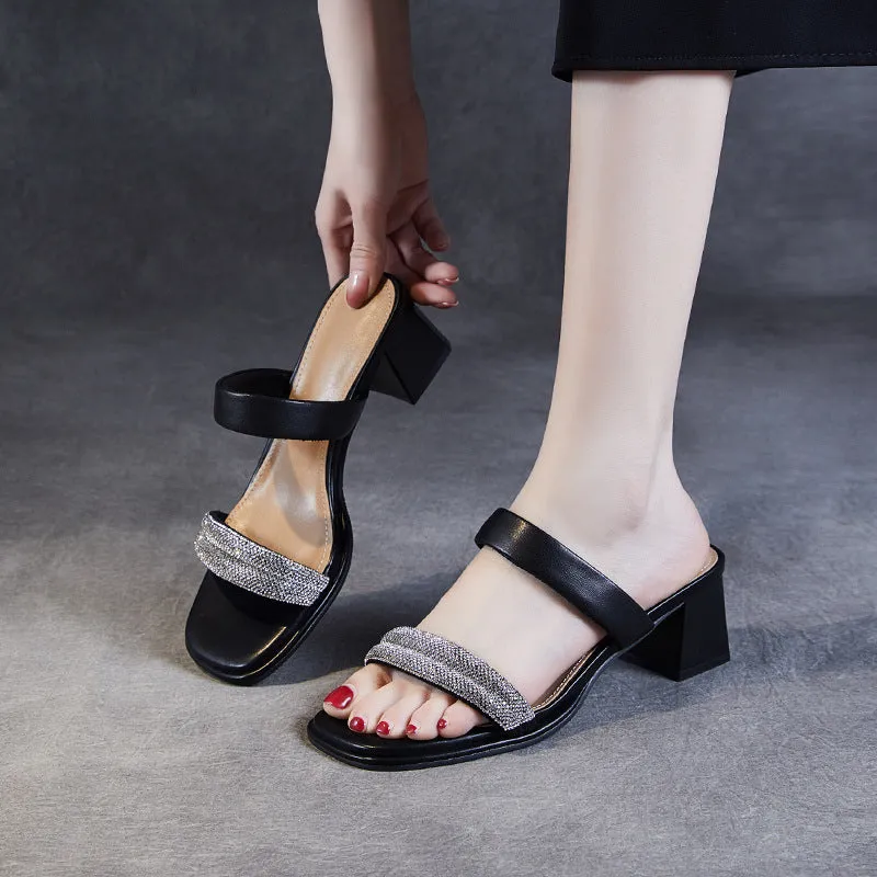 Women Fashion Leather Crystal Chunky Heel Slides Sandals