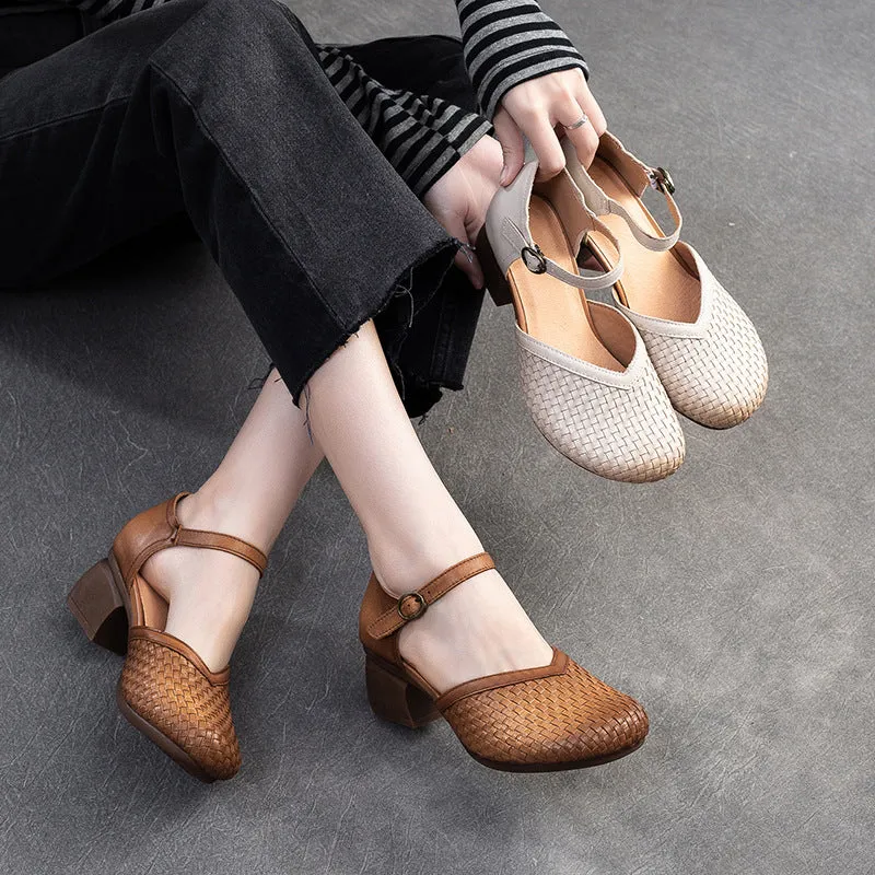 Women Fashion Plaited Leather Chunky Heel Casual Sandals