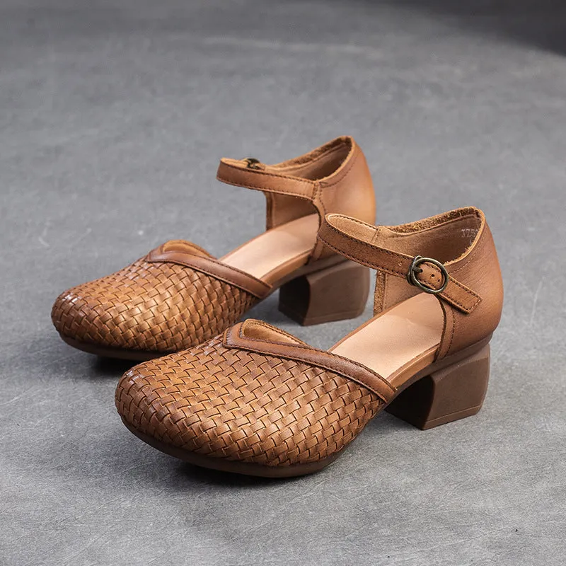 Women Fashion Plaited Leather Chunky Heel Casual Sandals