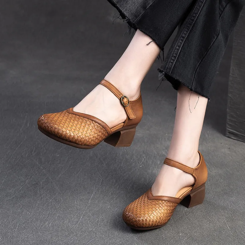 Women Fashion Plaited Leather Chunky Heel Casual Sandals