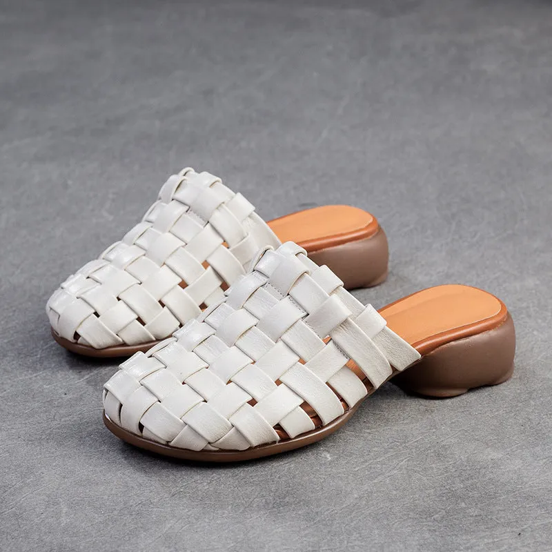 Women Handmade Plaited Leather Low Block Slides Sandals