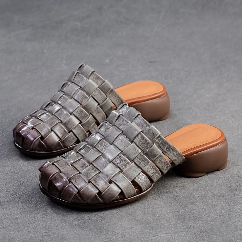 Women Handmade Plaited Leather Low Block Slides Sandals