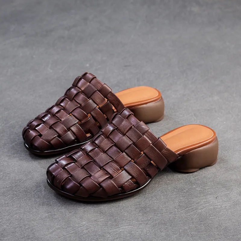 Women Handmade Plaited Leather Low Block Slides Sandals