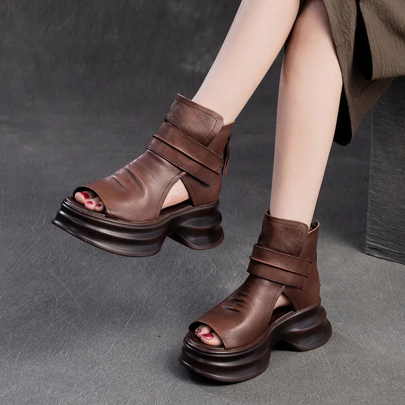 Women Leather High Top Platform Bootie Sandals