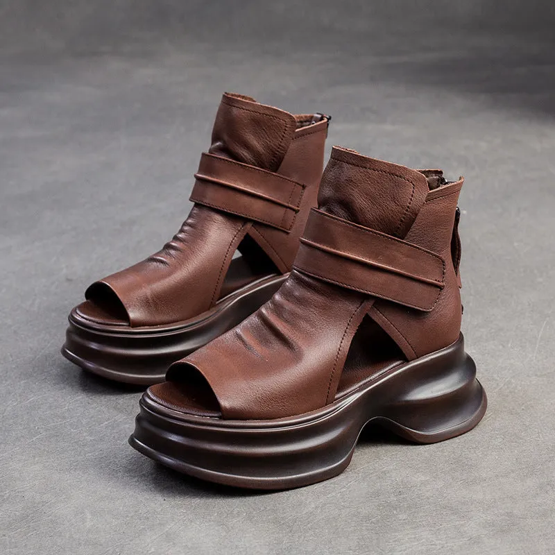 Women Leather High Top Platform Bootie Sandals