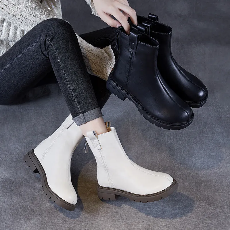 Women Minimalism Solid Leather Back Zipper Furred Ankle Boots