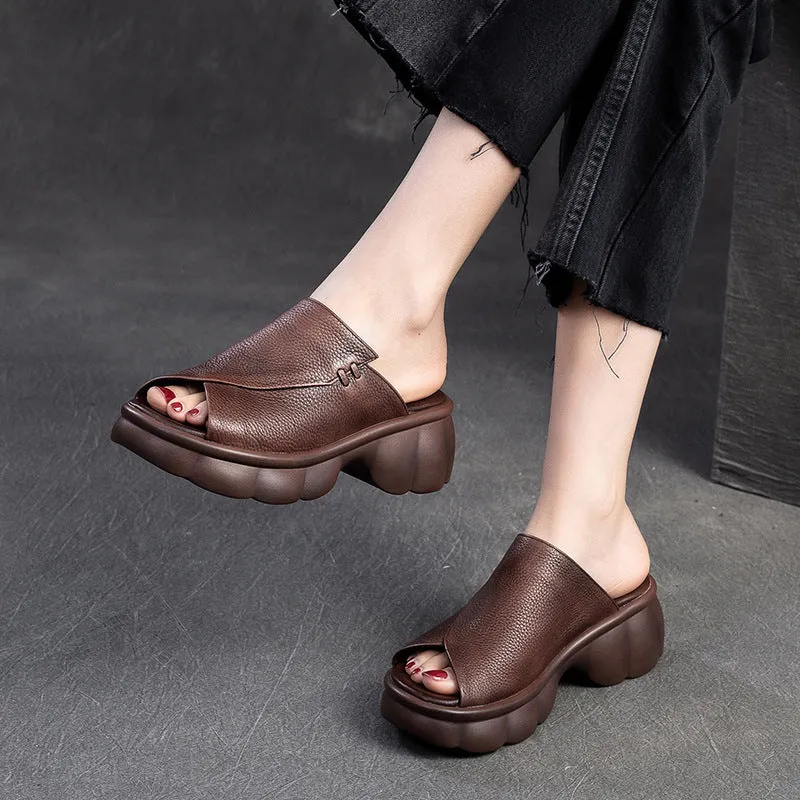 Women Minimalist Casual Leather Platform Slides Sandals