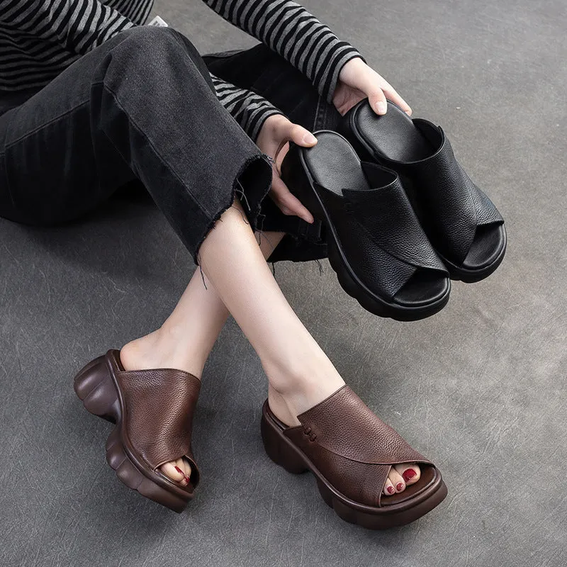 Women Minimalist Casual Leather Platform Slides Sandals