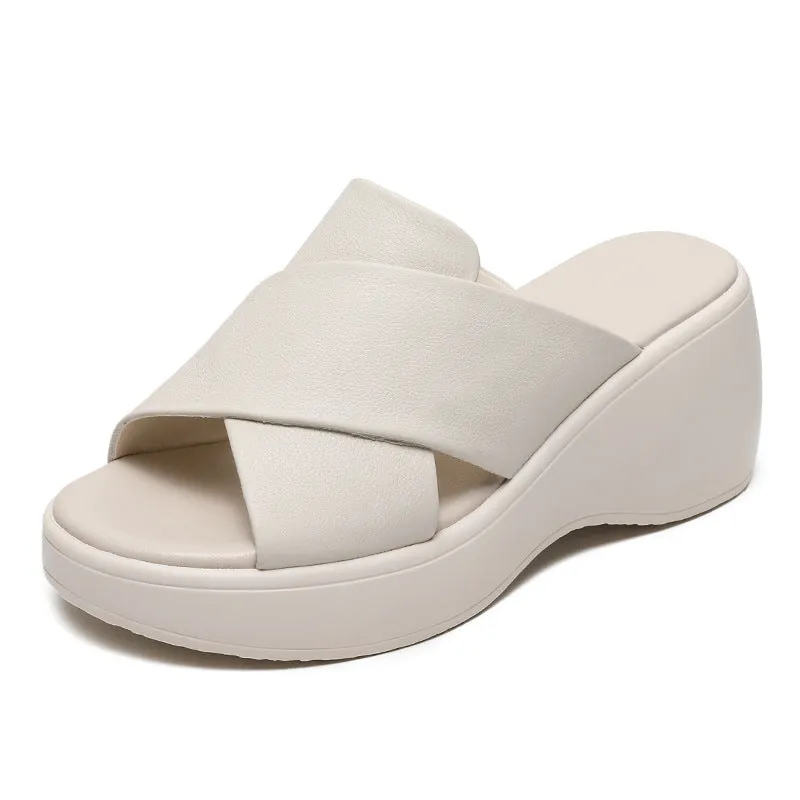 Women Minimalist Leather Chunky Wedge Slide Sandals