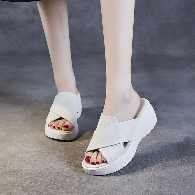 Women Minimalist Leather Chunky Wedge Slide Sandals