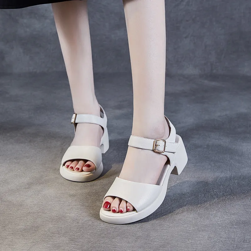 Women Minimalist Leather Low Block Casual Sandals