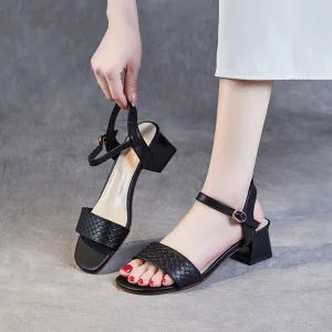 Women Minimalist Leather Low Block Casual Summer Sandals