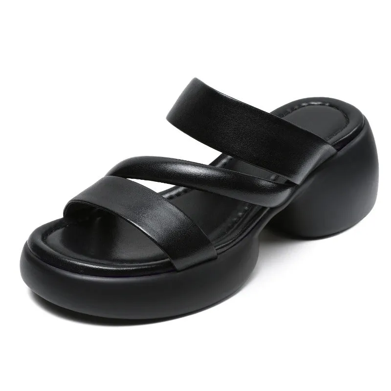 Women Minimalist Soft Leather Wedge Slides Sandals