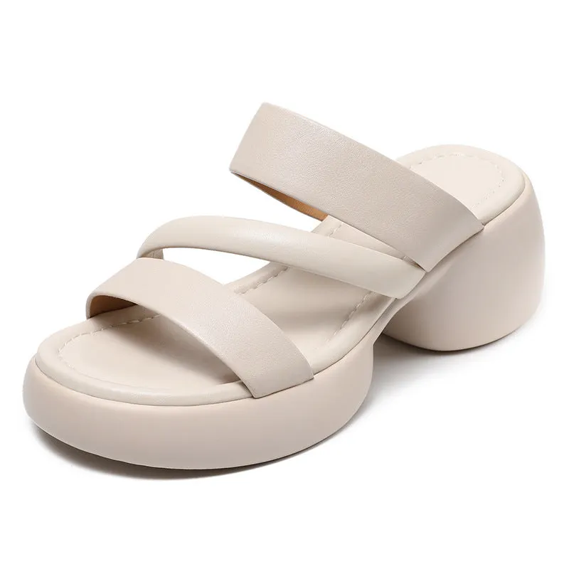 Women Minimalist Soft Leather Wedge Slides Sandals